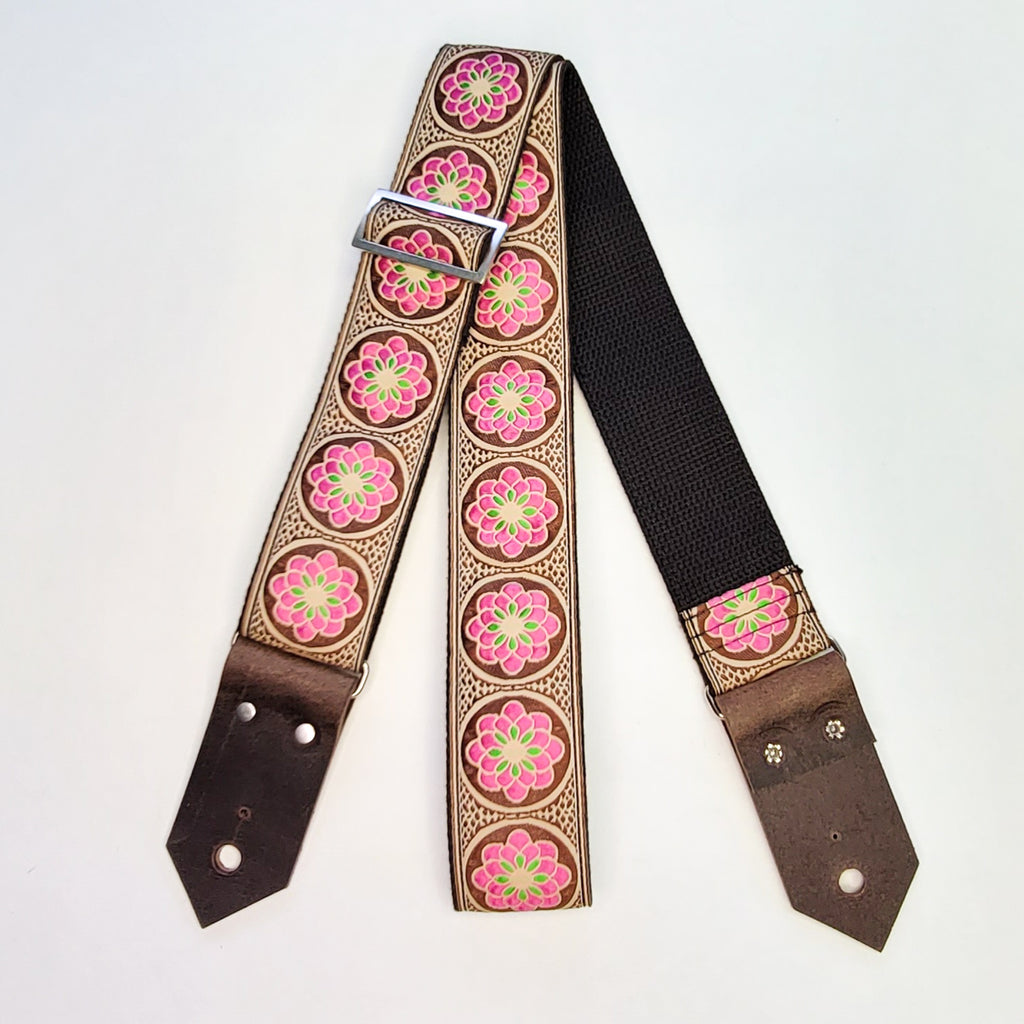 "Pink and Green Flower of Life" Guitar Strap - Cotton Backed