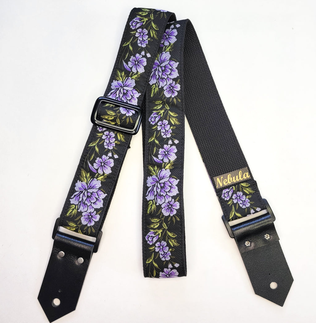 "Purple Flowers" Guitar Strap Cotton Backing