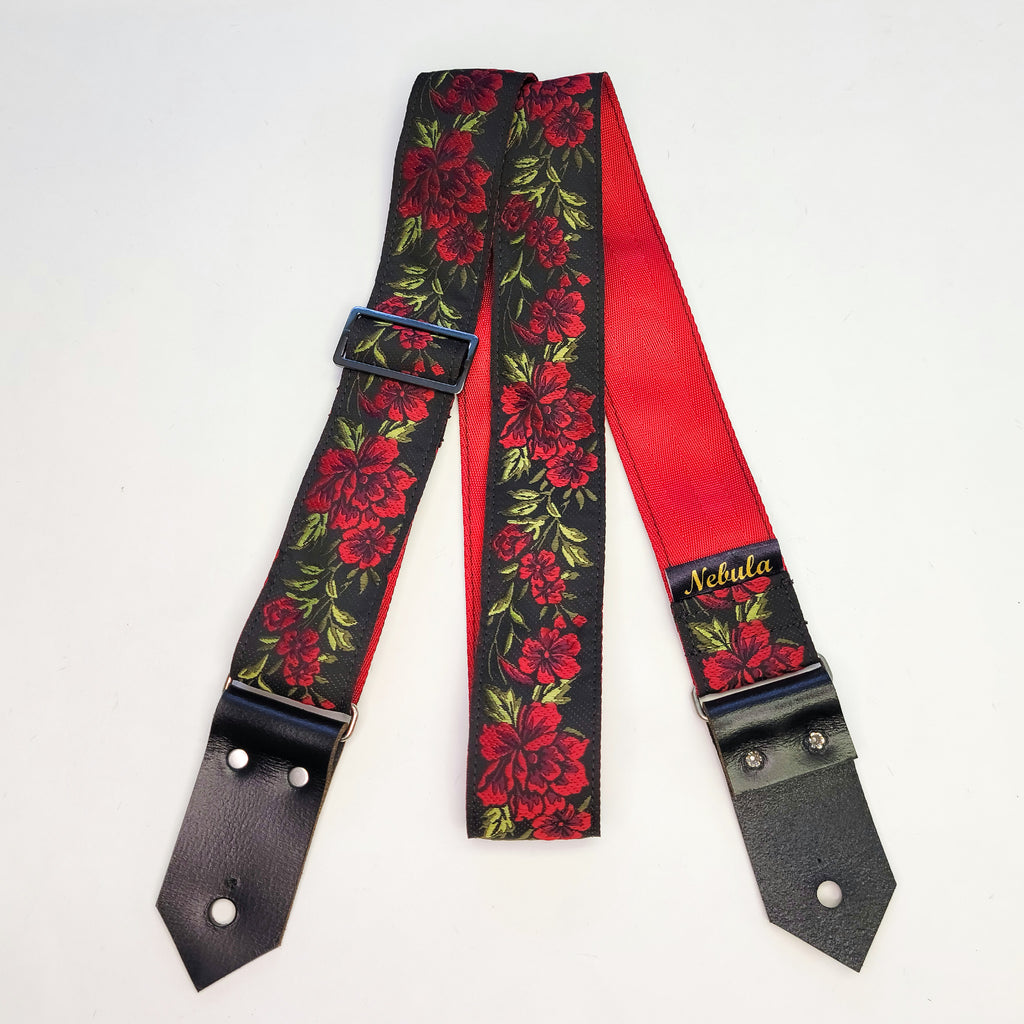 "Red Rose Flowers" Guitar Strap - Red Seatbelt Backing